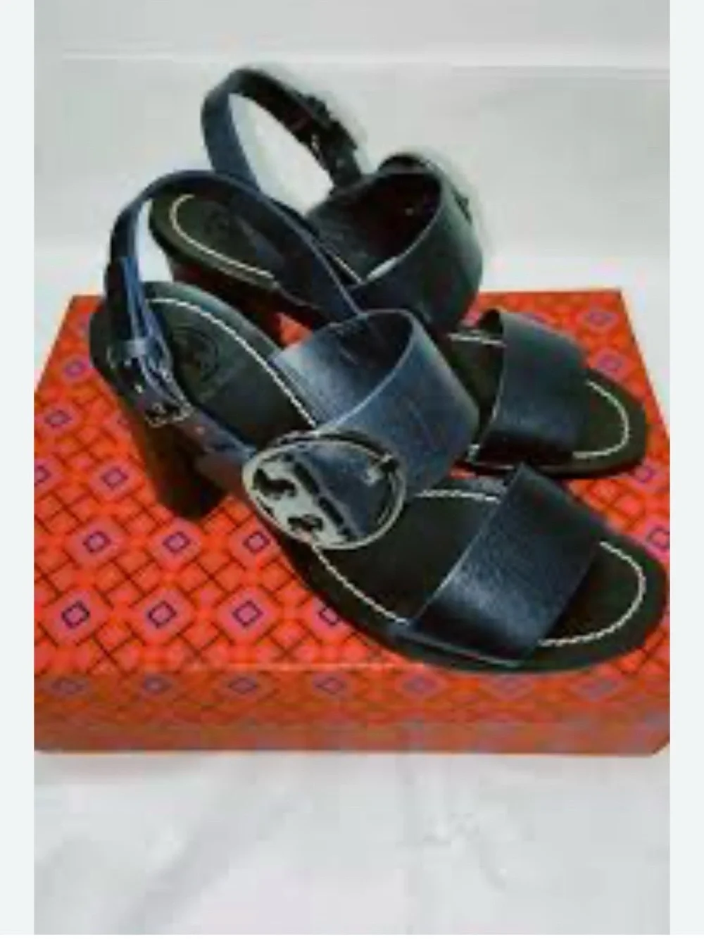 Tory Burch Black Leather Block Heel Sandals with Logo Buckle